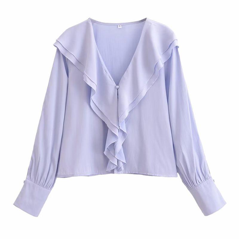 

Kaslead New Arrival Women s Fashion Style Casual Minimalist Loose French Style V-neck Ruffles Long Sleeves Shirt Picture Color L