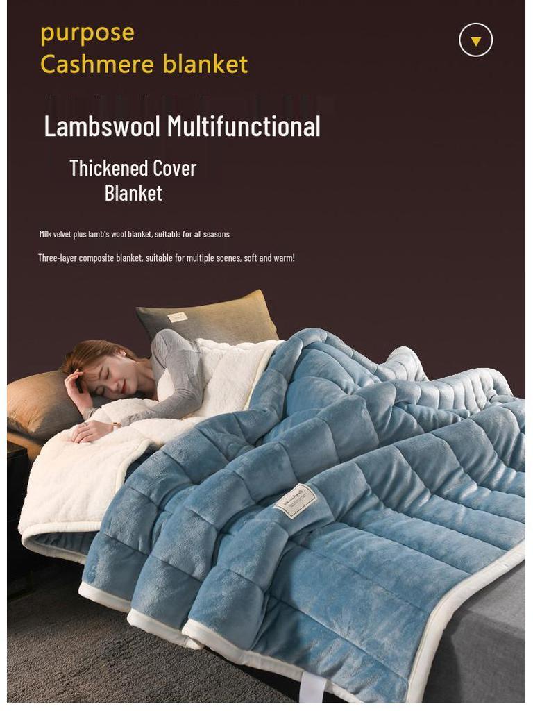 Thick Three-Layer Quilted Milk Velvet Lambswool Flannel Blanket for Autumn and Winter Warmth