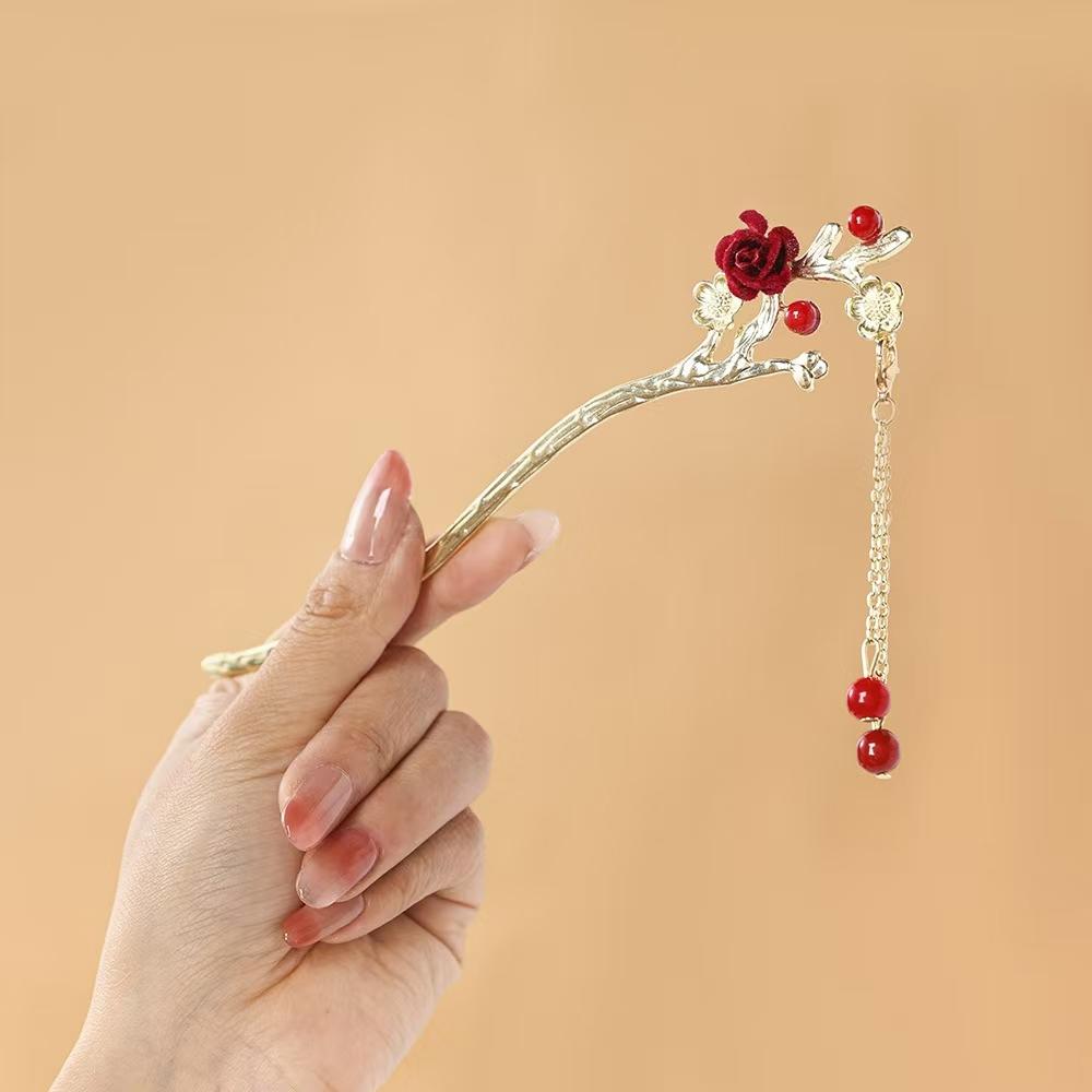 Romantic Rose Chinese Style Tassel Hair Clip Women's Fashion Handmade Hair Clip Exquisite Gift Women Hair Needle Hair Accessory