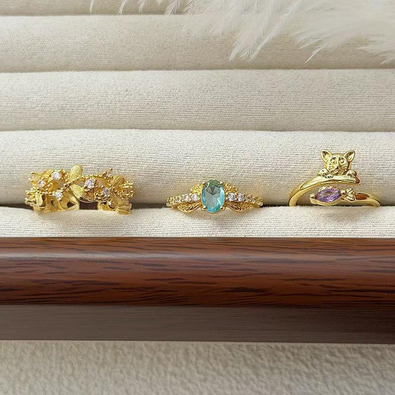 Medieval Vintage Colored Treasure Wings Flash Diamond Zir*****Pen Ring Niche High-End Light Luxury Ring Woman