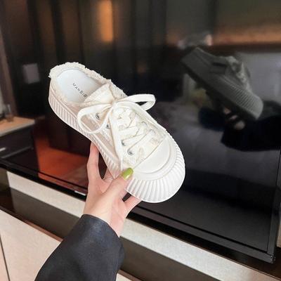 Lazy Bag Head Canvas Shoes Half Slippers Women's Outer Wear 2025 Spring and Summer New Small White Shoes Platform Beggar Slippers