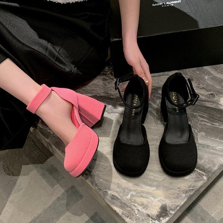 Super High Heels Mary Jane High Heels Damen 2024 Frühling Neu Rosa Prinzessin Eckige Spitze Dicke Absätze Hohl Sandalen