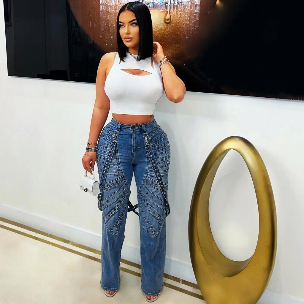 2026 New Fashion High-Waisted Jeans with Metal Studs Casual Women's Trousers