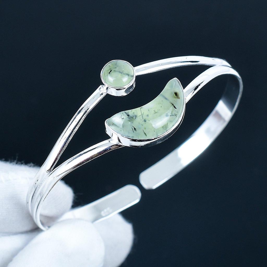 Prehnite Gemstone Handmade Cuff Bangle 925 Sterling Silver Cuff Bangle, Prehnite Bracelet For Wife , Unisex Bangle, Christmas Day Gift