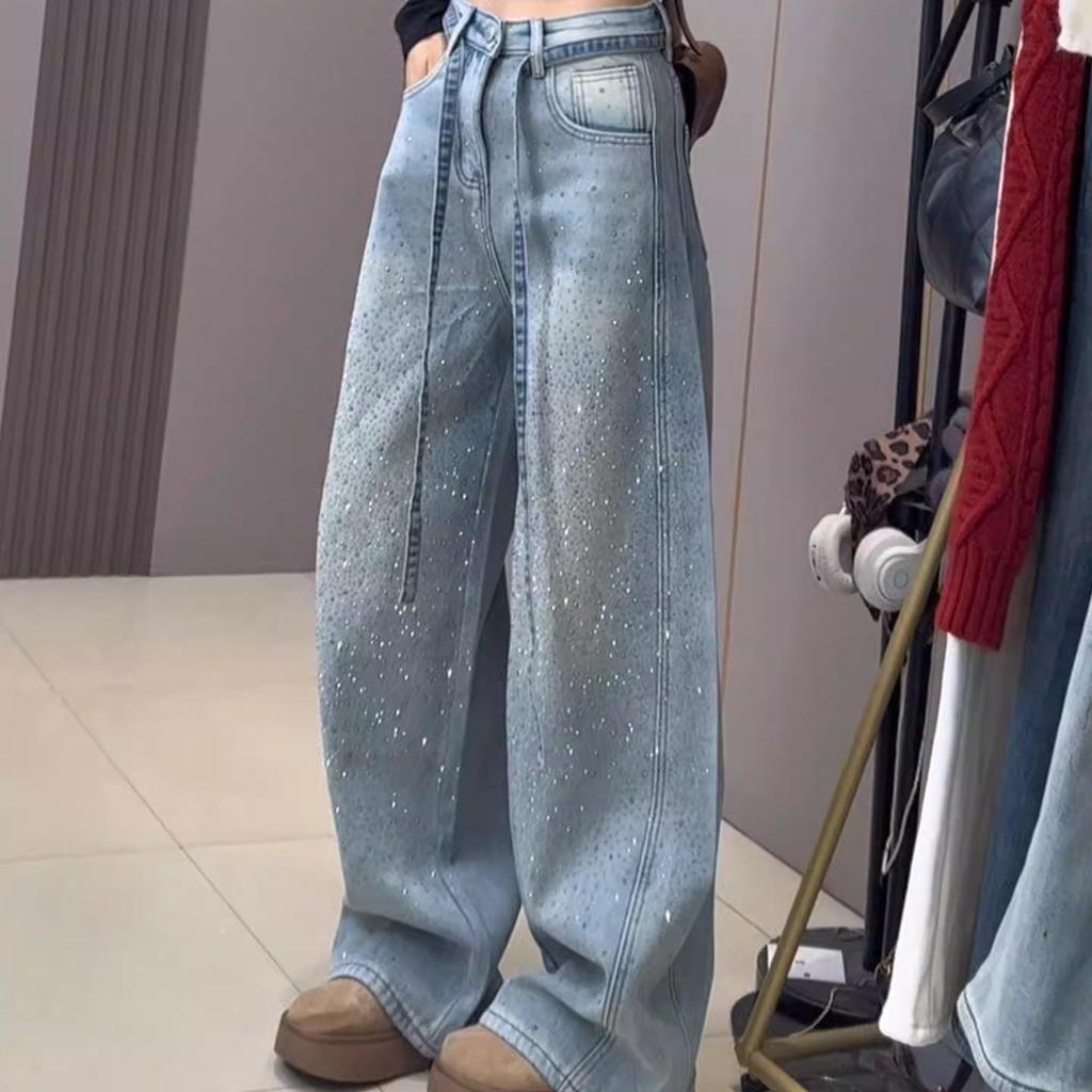 Women's High-Waist Light Blue Rhinestone Wide-Leg Jeans for Spring/Autumn 2026