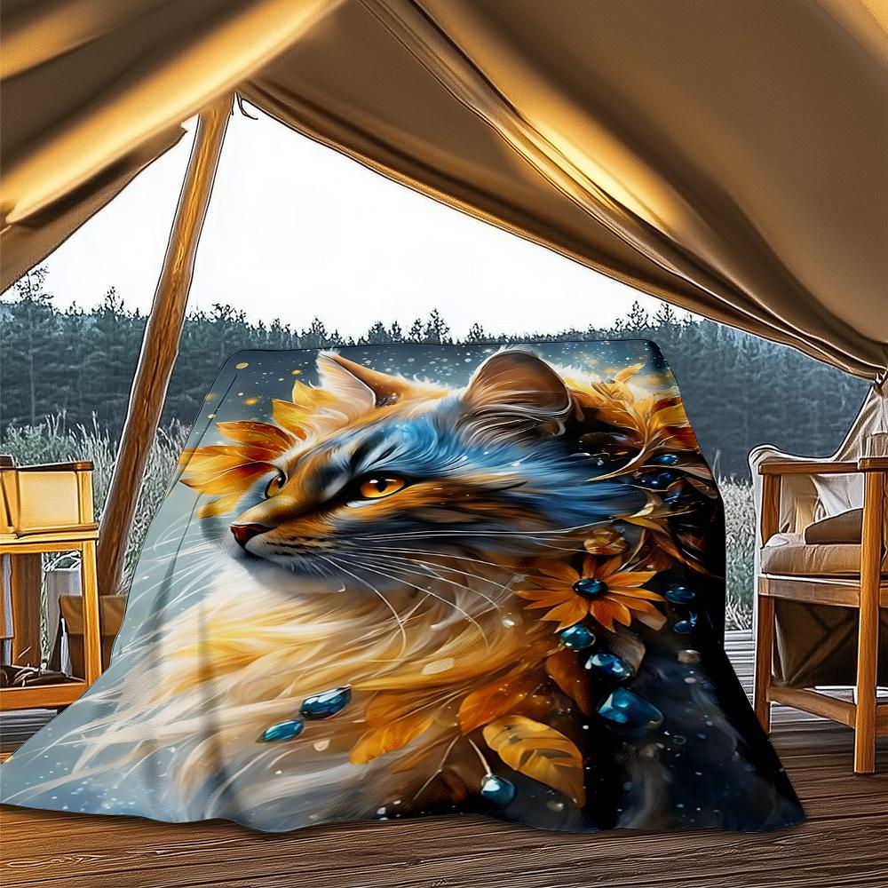1pc Cat Outdoor Blanket - Soft Flannel Cozy for Travel & Camping - All-Season Warm Bed Cover, Machine Washable Yy251229083