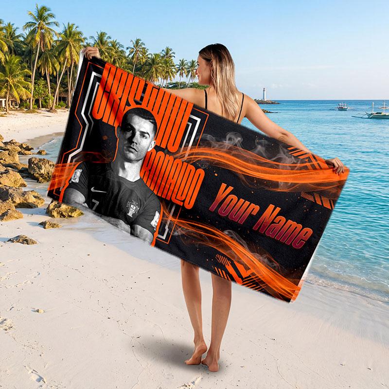 Cristiano Ronaldo Custom Beach Towel, Personalized Name Text Print, Football Logo Soft Quick‑Dry Towel Holiday Gift