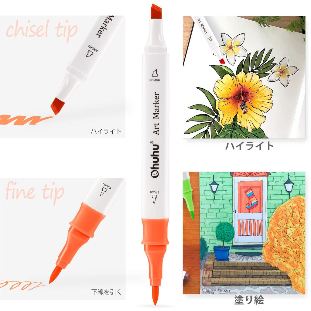 Ohuhu Brush Marker 48 Brush and Broad Illustration Triangular Blender Pen Alcohol Marker Set B Pens, Colors, Beginner's, Point, Markers, Shaft,