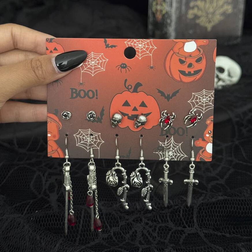

SHIXIN 6 Pairs Gothic Skull Jesus Cross Pendant Earrings for Women Retro Horror Bat Spider Earrings Set Halloween Jewelry Gifts