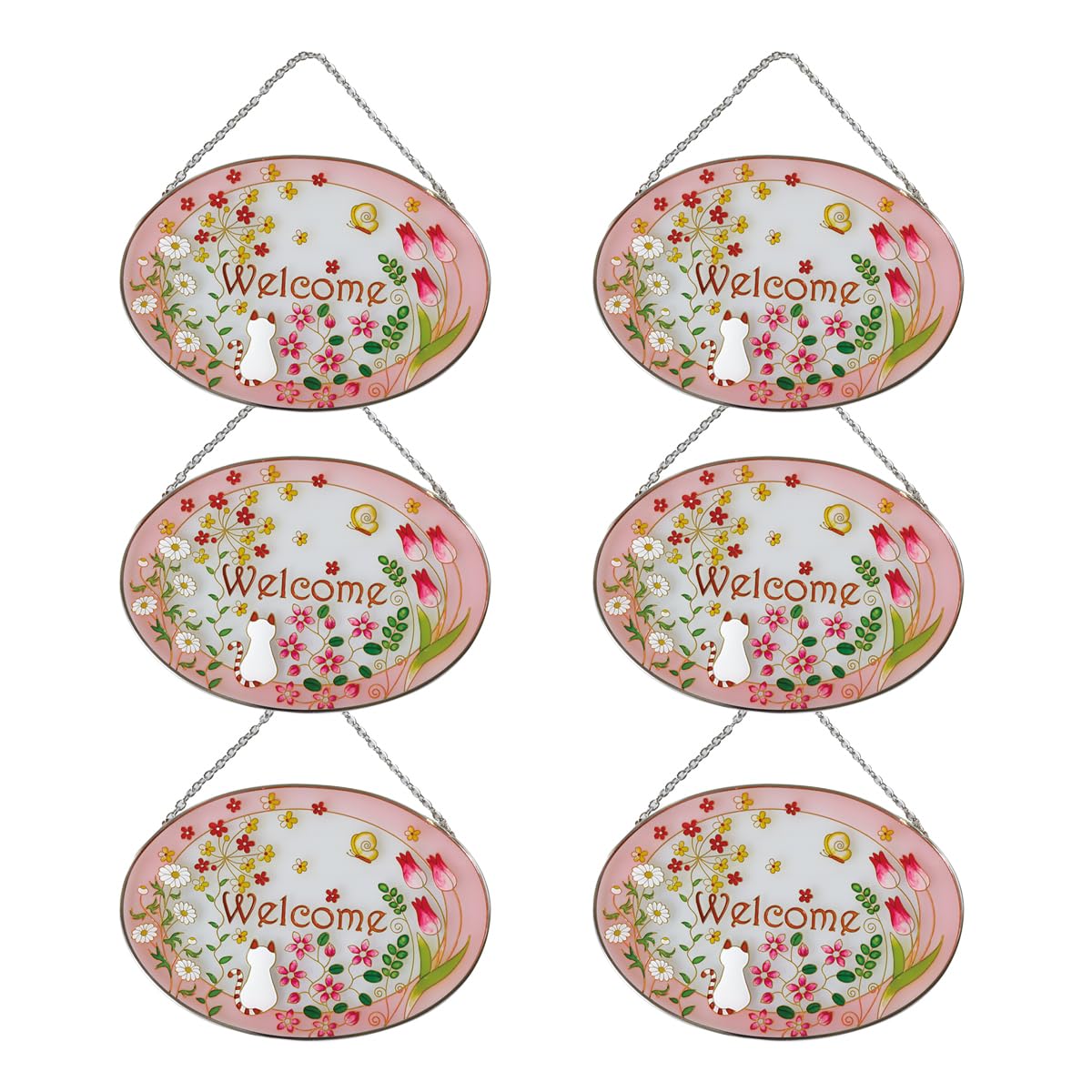 

Fourcart Cute Handmade Glass Stained Field Cat Set of 6 Frame, Welcome, Oval,