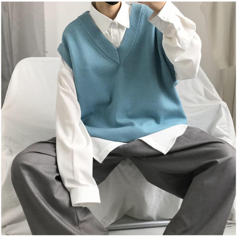 Νέο Μοντέρνο Χοντρό Αμάνικο Γιλέκο με V Λαιμόκοψη Αμάνικο Πουλόβερ Βαμβακερή Σχολική Στολή Βαμβακερό Φαρδύ Πλεκτό Γιλέκο Πουλόβερ Για Άνδρες