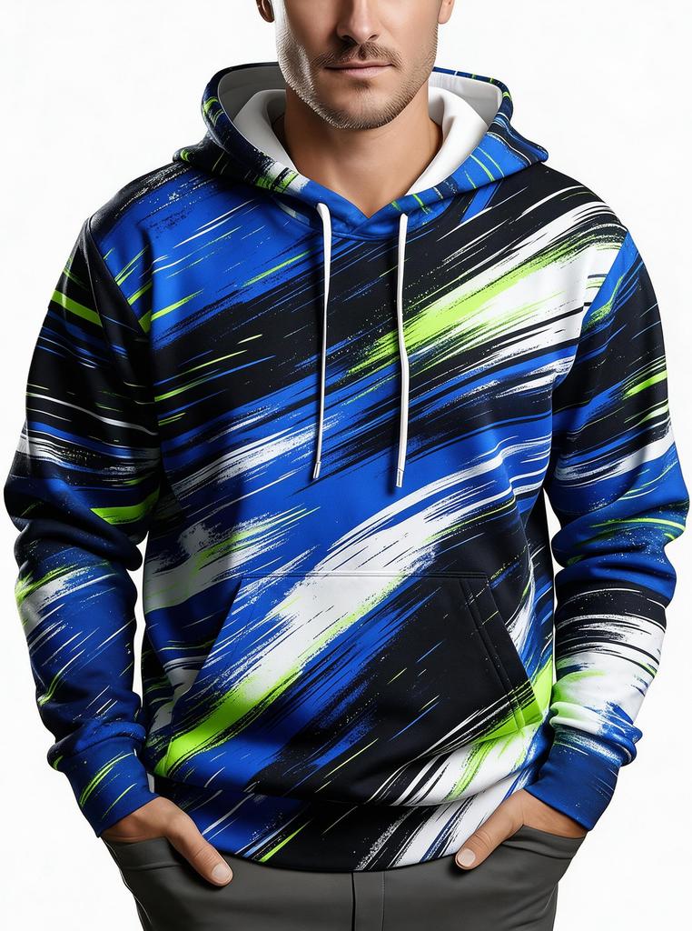 2026 Men's Hoodie Thin Autumn Winter Blue Green White Brush Stroke Print Long Sleeve Male Casual Sweatshirt Tops Clothes