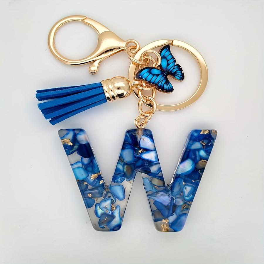1pc Custom Blue Alphabet Letter Keychain with Butterfly Pendant Resin Ladies Key Ring with Tassel - Elegant Accessory for Bags Backpacks