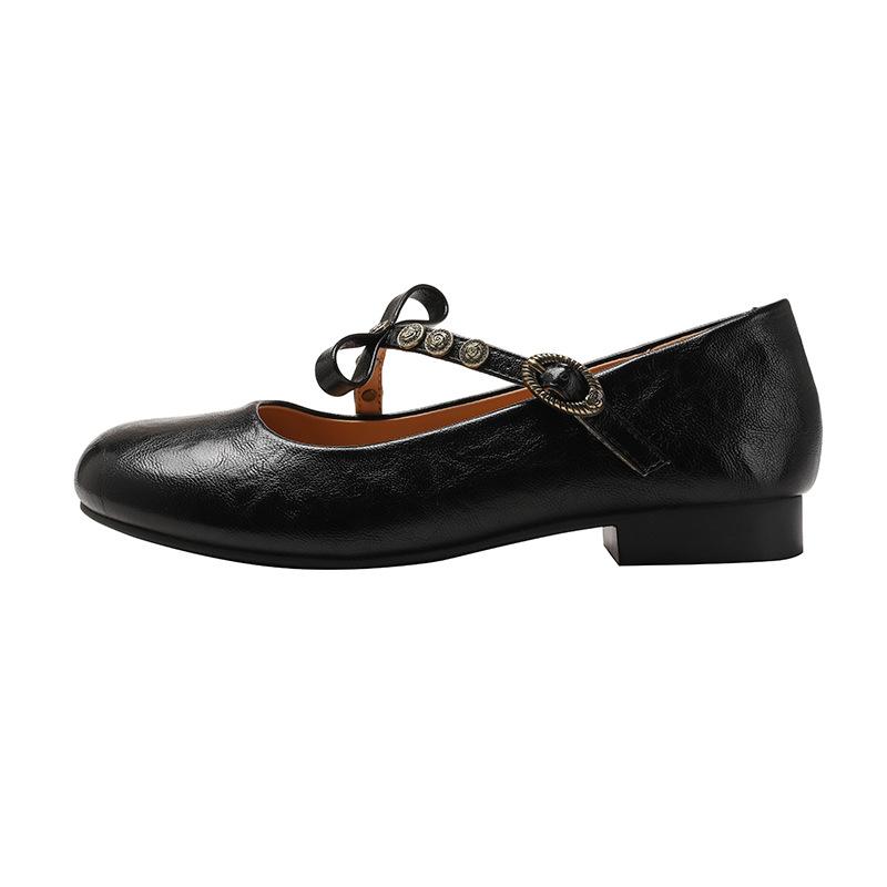Retro Shallow Mouth One-word Buckle Bow Single Shoes Flat-soled Soft Leather One-pedal Mary Jane Shoes Women's Doudou Shoes