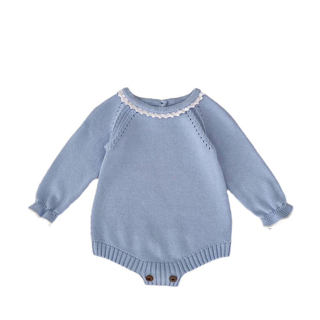 2025 Fall Infant Girl Cotton Lace Collar Long Sleeve Knitted Romper Bodysuit