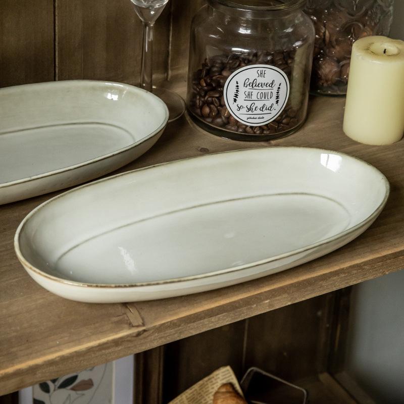 Retro Vintage Fish Plate 11 Inch Kiln-Changed Oval Steamed Fish Plate Household Ceramic Plate Japanese Material Plate Export