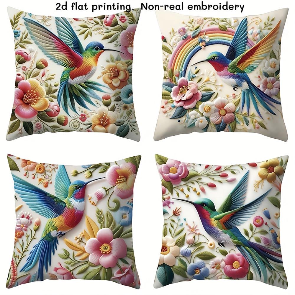 1/4pcs Colorful Hummingbird Floral Pillowcases with 2d Flat Printing Sofa Cushion Cover Home Bedroom Room Decoration