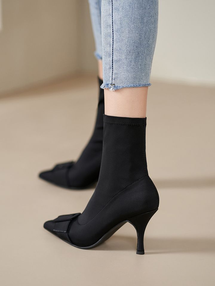 European Station High Heel Boots Autumn and Winter New Elastic Cloth Small Heel Short Boots Sleeve Pointed British Style Fine Heel Naked Boots Women