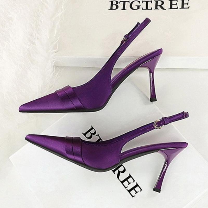 Fashion Sexy Purple Satin High Heels Pumps for Women 2025 Summer Slingbacks Thin Heeled Ladies Shoes Pointed Toe Party Wedding Shoes