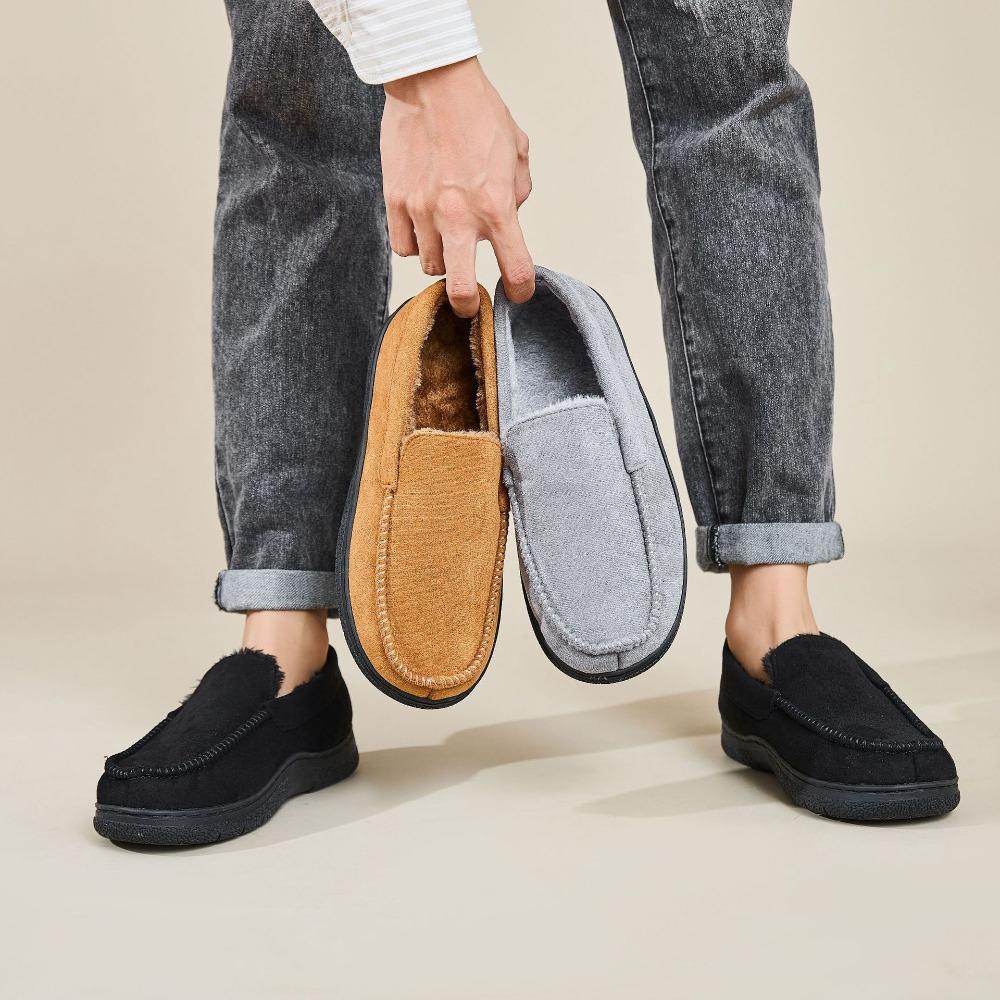 Men's Fluffy Warm Moccasin Slippers Closed Back Non Slip Indoor Outdoor House Bedroom Slippers Fleece Lined Winter