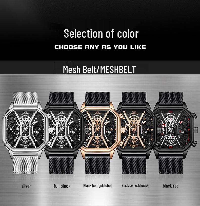 SANDA Trendy Men's Square Quartz Watch - Fashionable Multi-Function Calendar Wristwatch