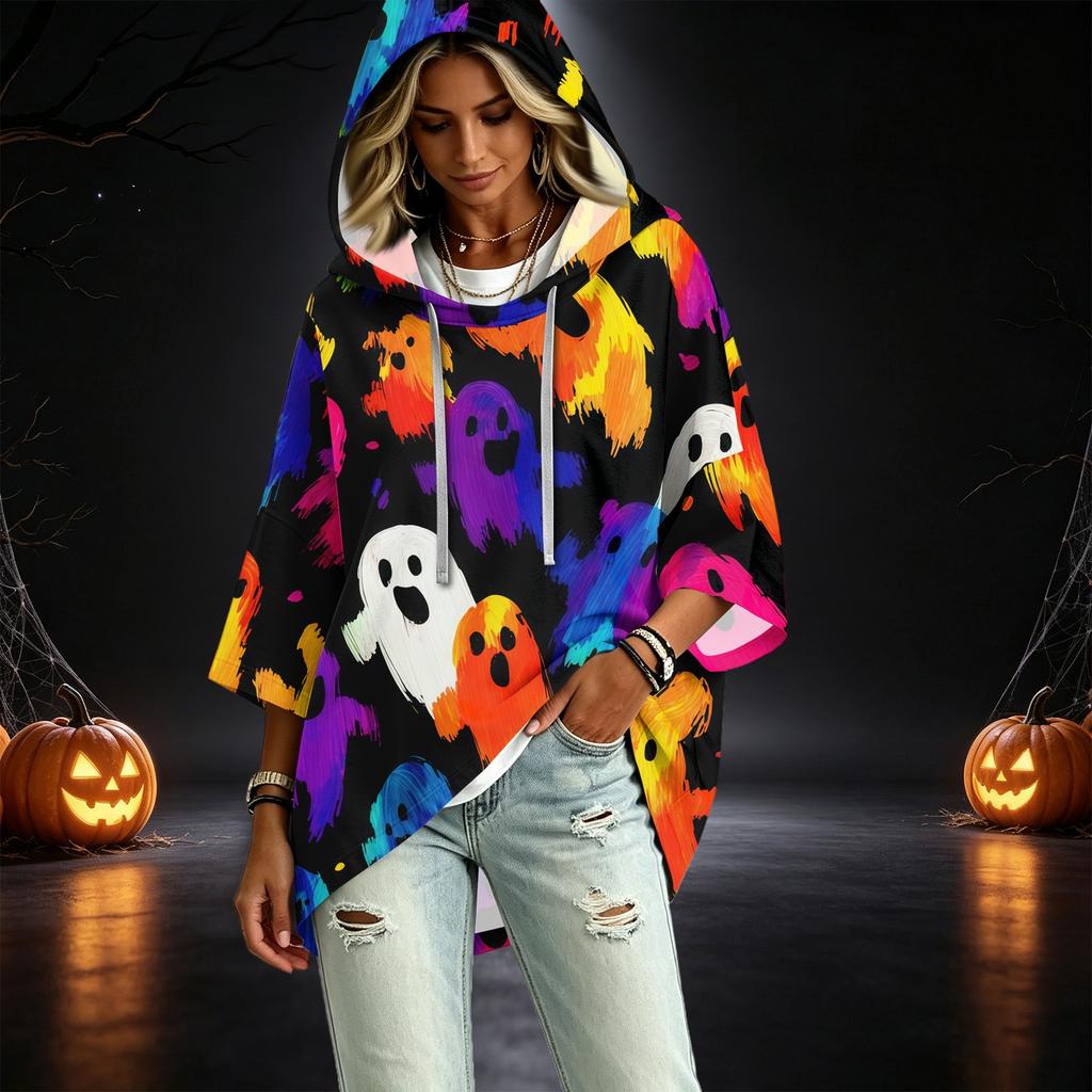 Women's Three-Quarter Sleeve Hoodie with Halloween Print Pullover Top
