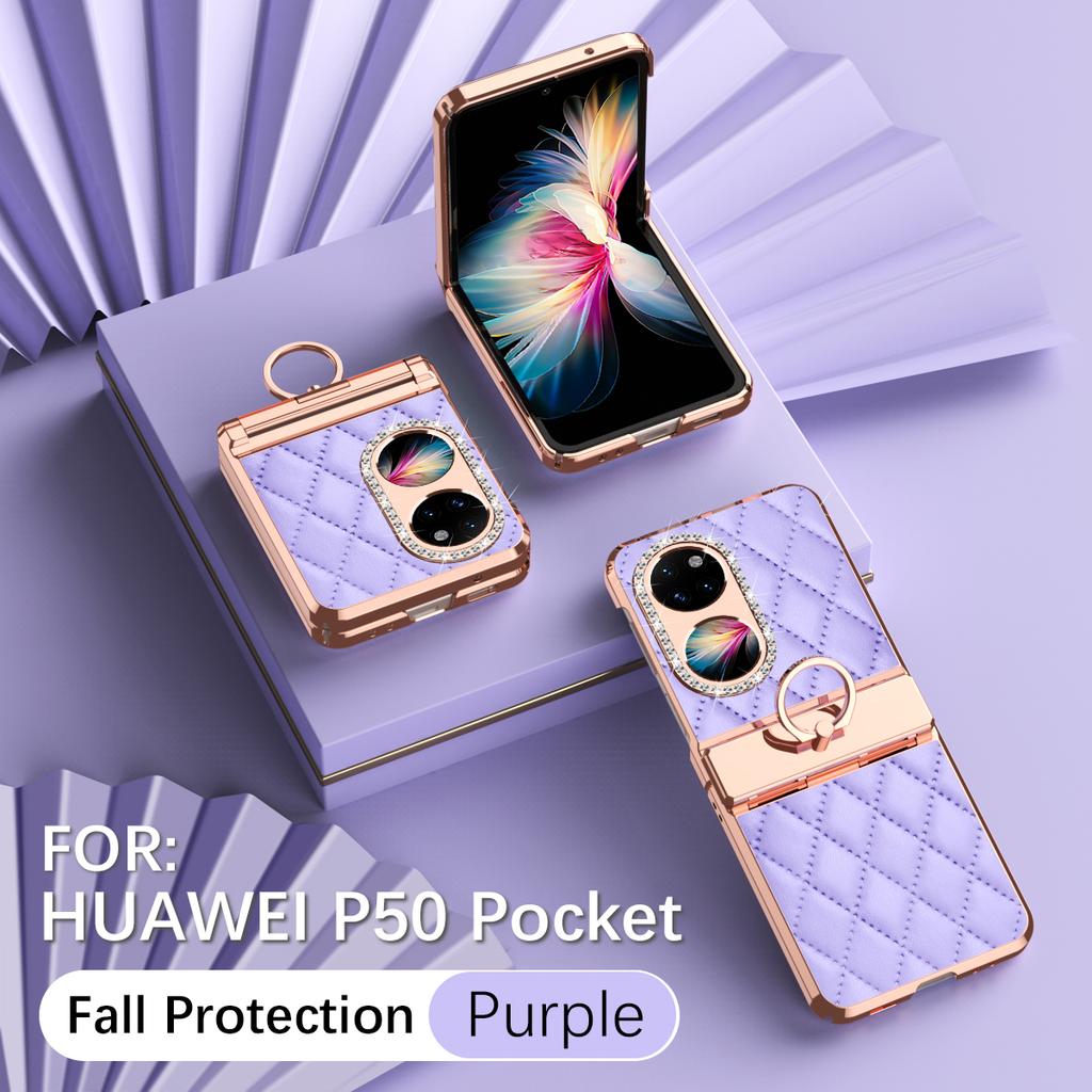 Luxury Fashion Diamonds Leather Plating Ring Holder Phone Case For Huawei P50 Pocket Hinge Full Protection Case Cover