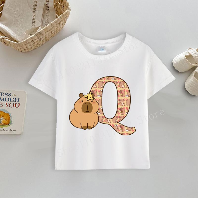 Tričko kapybara Potisk písmen A-Z Top Roztomilý Kreslený Anime Chlapecké Dívčí Oblečení Bavlna Kulatý Výstřih Kojenecké Krátký Rukáv Venkovní Oblečení