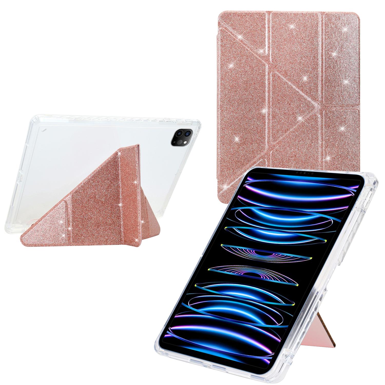

Tablet Case For iPad Pro 12.9 (2022)/(2021)/(2020)/(2018) Y-Fold Stand Glitter Leather TPU Acrylic Clear Cover Rose Gold