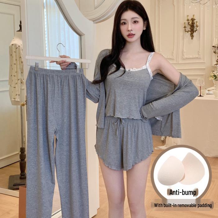 

Four-Piece Women s Modal Pajama Set: Bra Camisole, Shorts, Long-Sleeved Top, Long Pants with Cute Cartoon Design. 2X Large