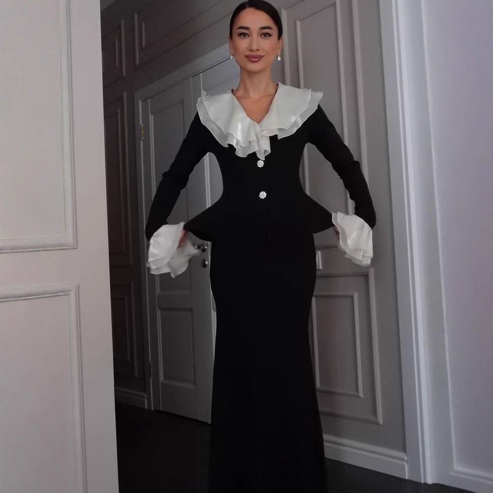 Amazon 2025 Cross-border Europe, America and Autumn New Mesh Edge Decorative Button Lotus Leaf Long-sleeved Top Hip Skirt