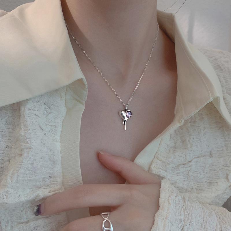 Irregular Design Letter Pink Zircon Love Necklace Sweater Chain Melted Heart Collarbone Chain
