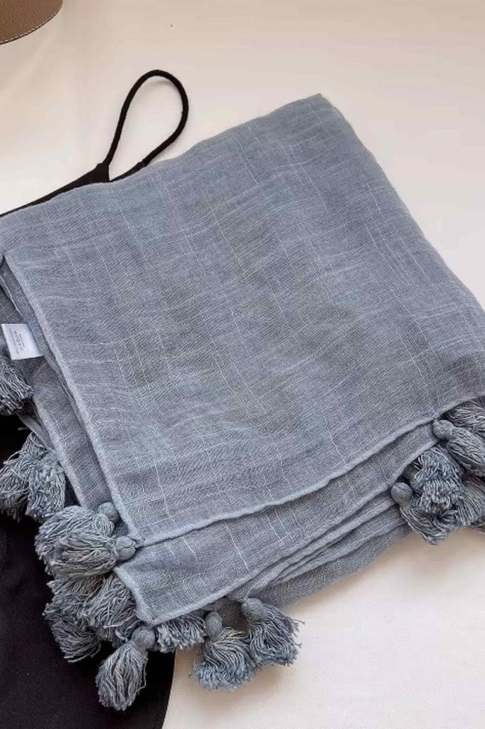 Dusty Blue - Scarf with Fringes 180X90 , Cotton with Polyester