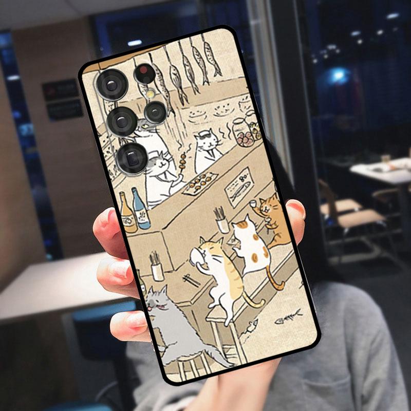 Japanese Cat Drink Pattern Case For Samsung Galaxy S23 Ultra S22 Ultra S20 FE S21 FE Note 10 20 S8 S9 S10 Plus Cover