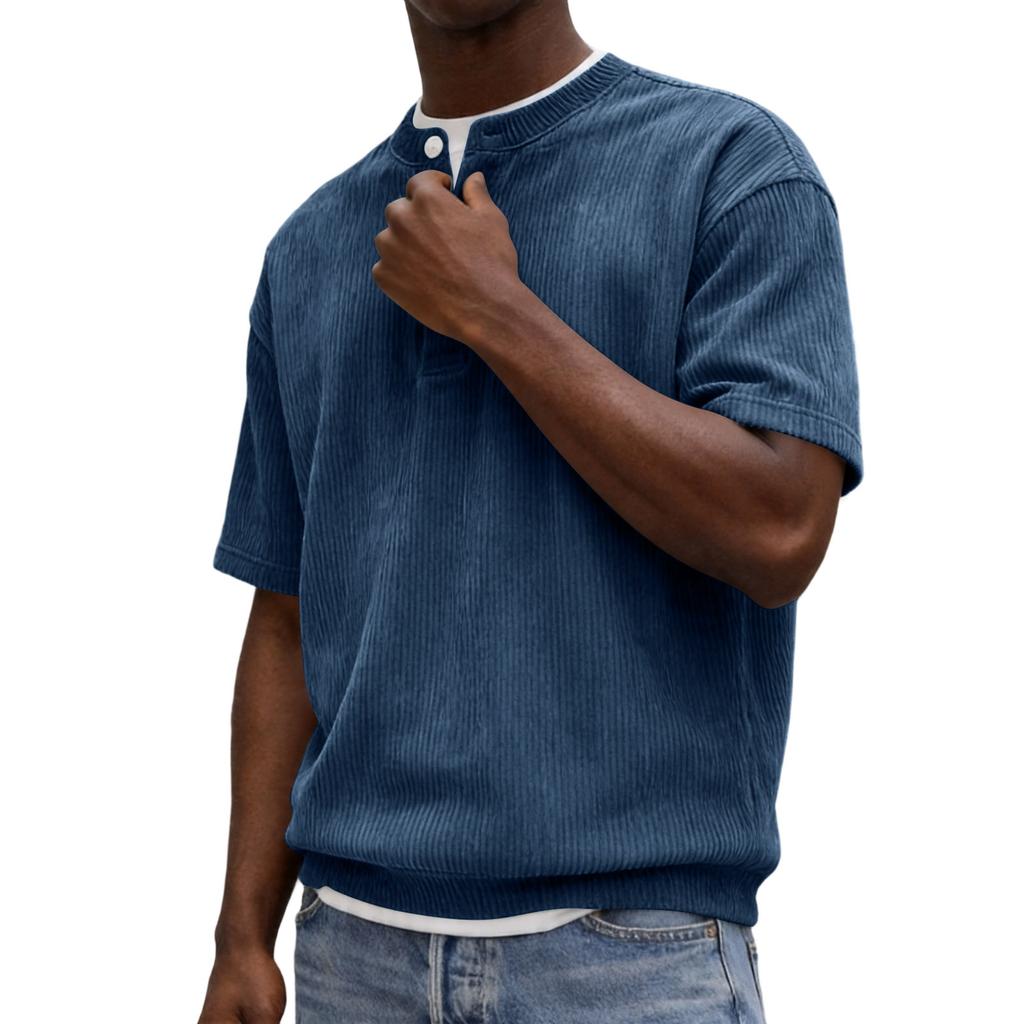 Men Henley Neck Short Sleeve Corduroy Shirt with Button Placket Relaxed Fit Casual Summer Top for Everyday Wear