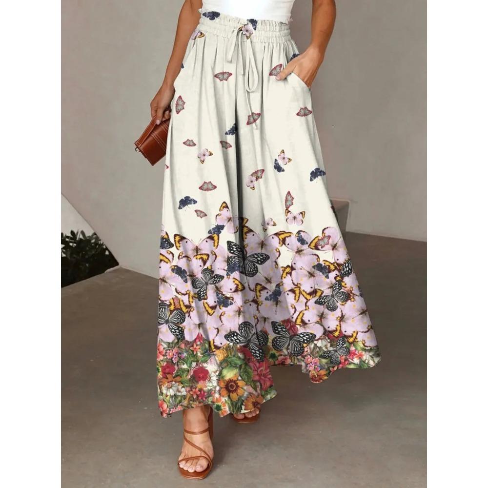 Women's Mid Waist Digital Printed Pocket Design Loose Wide Leg Casual Long Pants