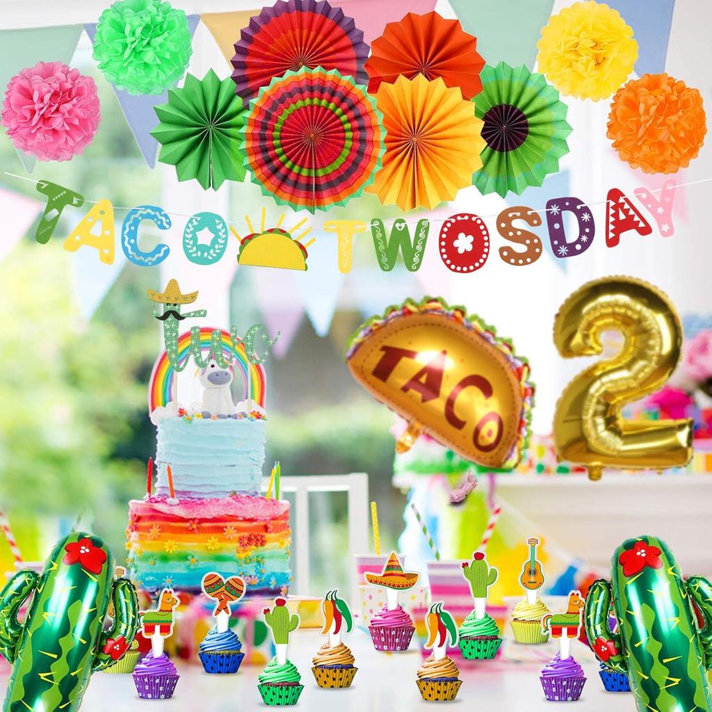 Taco Twosday Birthday Party Decorations - 2nd Fiesta Birthday Party with Fiesta Paper Fans, Taco Twosday Banner for 2nd Birthday Cinco De Mayo