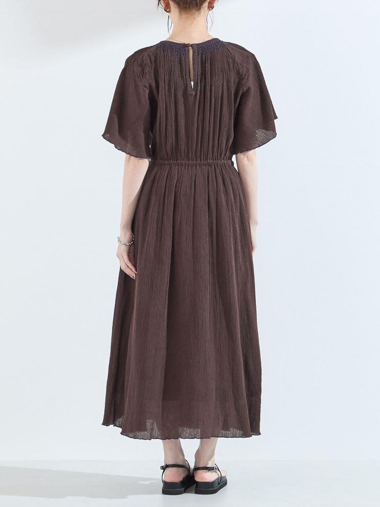 Hand Washable Crepe Embroidered Dress 224530046 Brown ONE SIZE [Ships Colors]