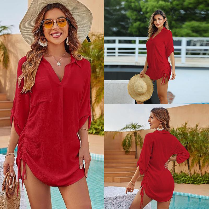 New drawstring shirt collar beach jacket head bikini swimsuit blouse vacation sunscreen shirt