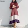 ZANZEA Women Casual Round Neck Loose Long Sleeve Splice Dress