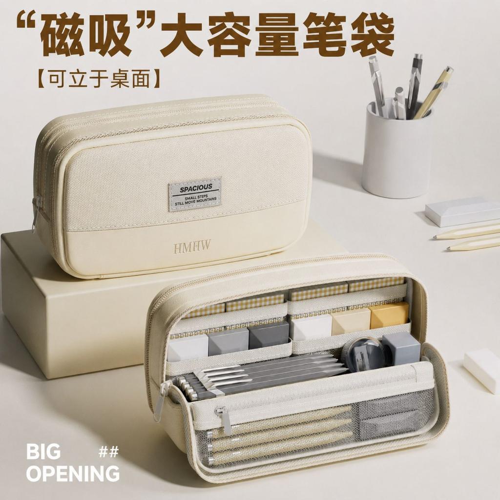 Magnetic Pencil Case Minimalist Large Capacity Stationery Bag Silent Closure High School College Students Supplies