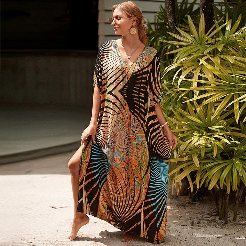 EDOLYNSA Bedruckte türkische Robe mit Fledermausärmeln, Sommer-Tunika, Plus-Size-Bademode, Cover-Up für Damen-Bademode, blaue Kaftan-Kleider, Q1415