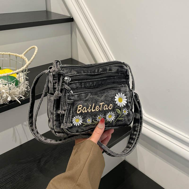 Lightweight Denim Zipper Crossbody Bag Stitching Line Embroidery Decoration Bag Hot Sale Casual Youth Women's Shoulder Bags