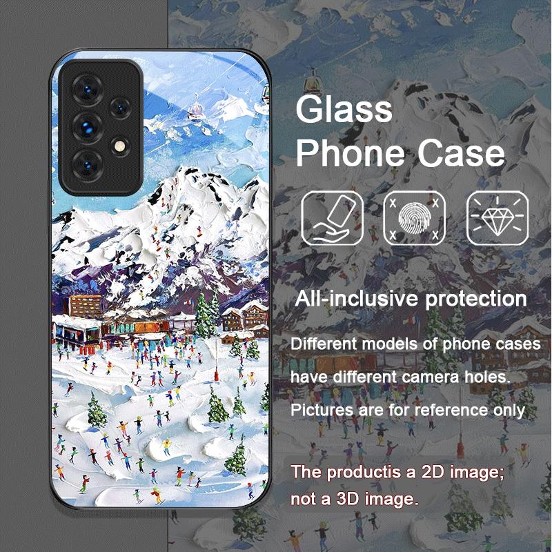 Oil Painting Art Snow Scenery Skiing Tempered Glass Phone Case for Samsung Galaxy A56 A72 A55 A54 A53 A52 A36 A15 A14 A13 Covers