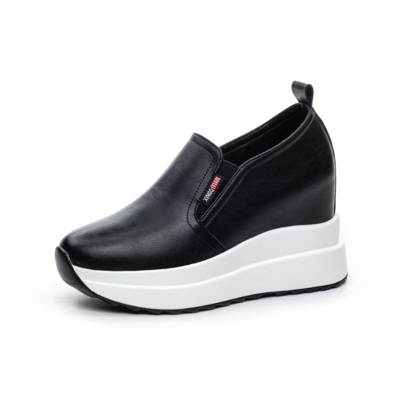Spring Autumn Wedges Shoes Women Fashion Sneakers Genuine Leather Height Increasing 10cm Black White Shoes