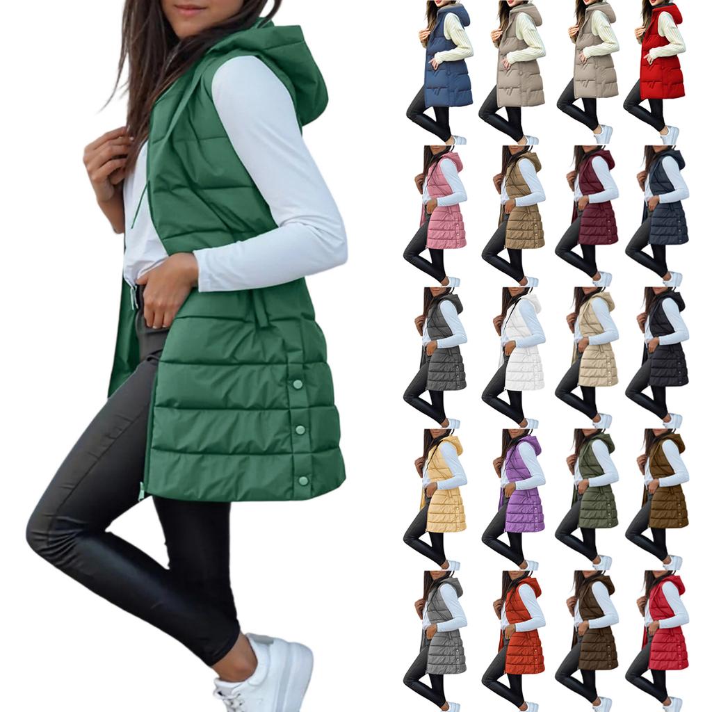 Damen Lange Weste Einfarbig Ärmellos Kapuze Winterweste Oberbekleidung Jacke Leichter Warmer Mantel Oberbekleidung