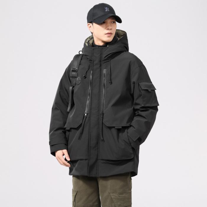 

Men s Retro Mid-length Down Parka with Pockets - Trendy, Loose Fit, Plus Size 2XL чорний