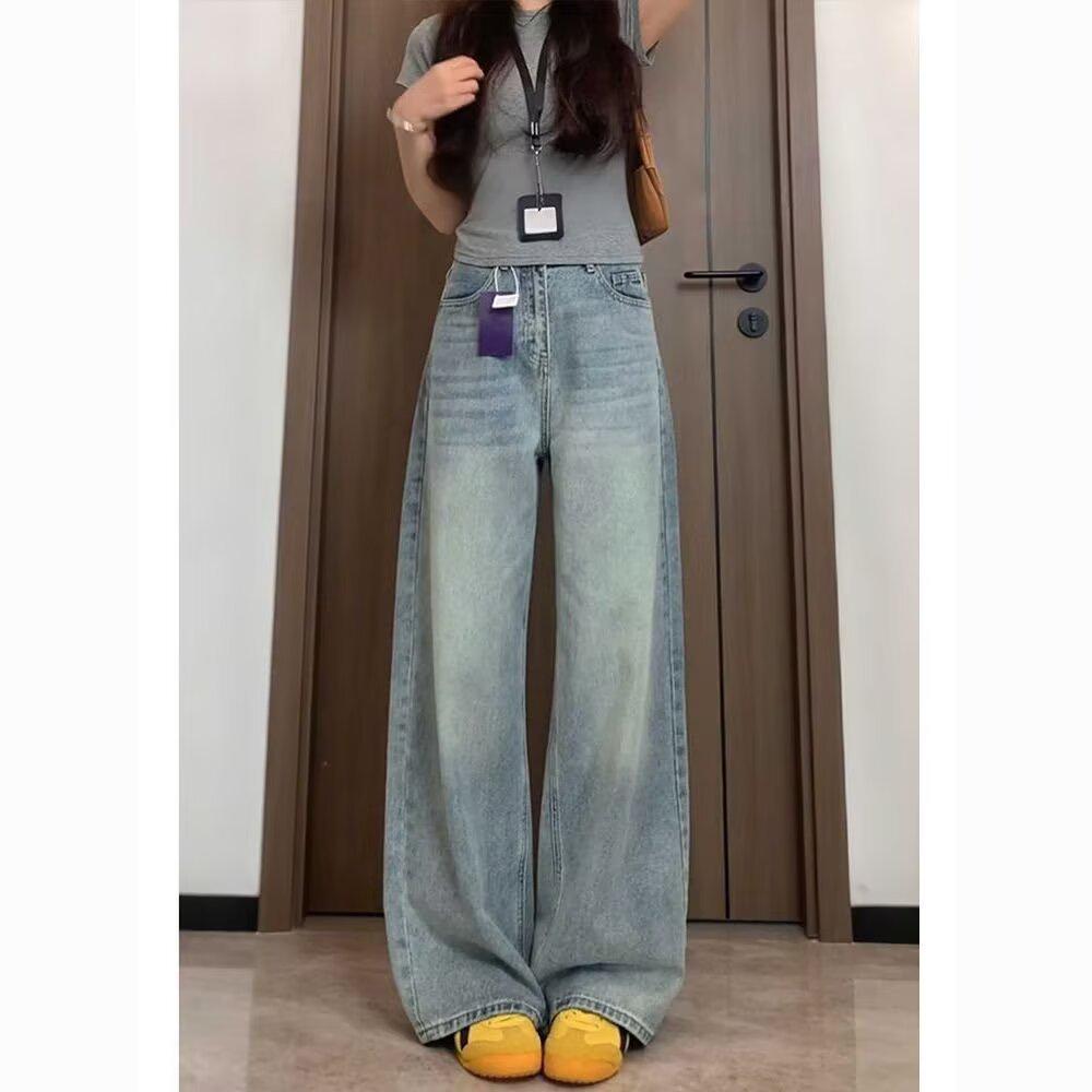 

Women s Plus Size High Waist Retro Wide Leg Jeans - Extra Large, Frayed, Slimming, Straight Leg, Floor-Length 3X Large синий