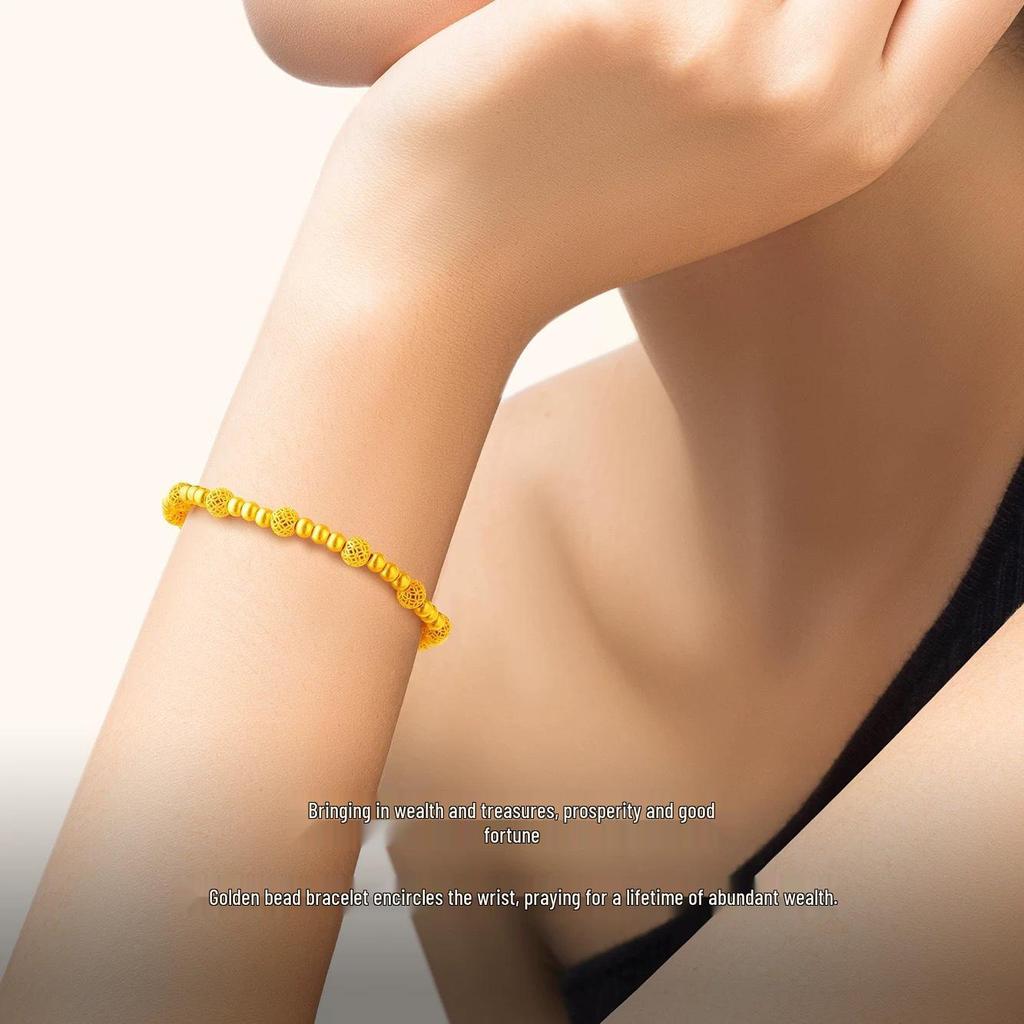Retro Chinese Style Snake Year Filigree Flower Ball Bracelet - Gold Embroidered Lucky Bead Jewelry for Women