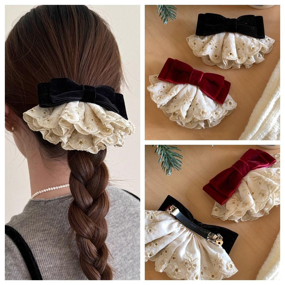 Wine Red Bowknot Spring Clip Cloth Lace Bow Hairpin Sweet Red Velvet Bow Hair Clip Girls